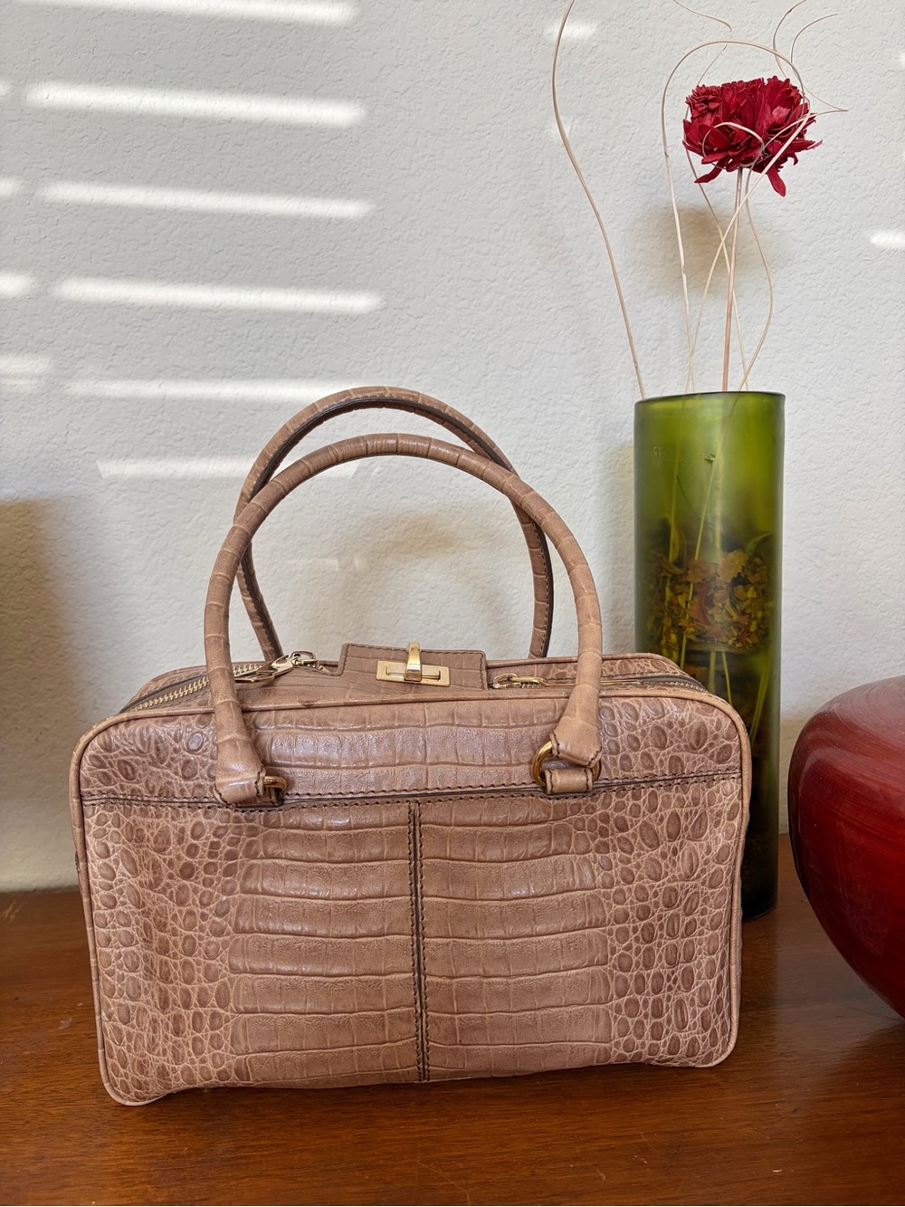 Max Mara Croc Embossef Leather top handle Tan Satchel handbag